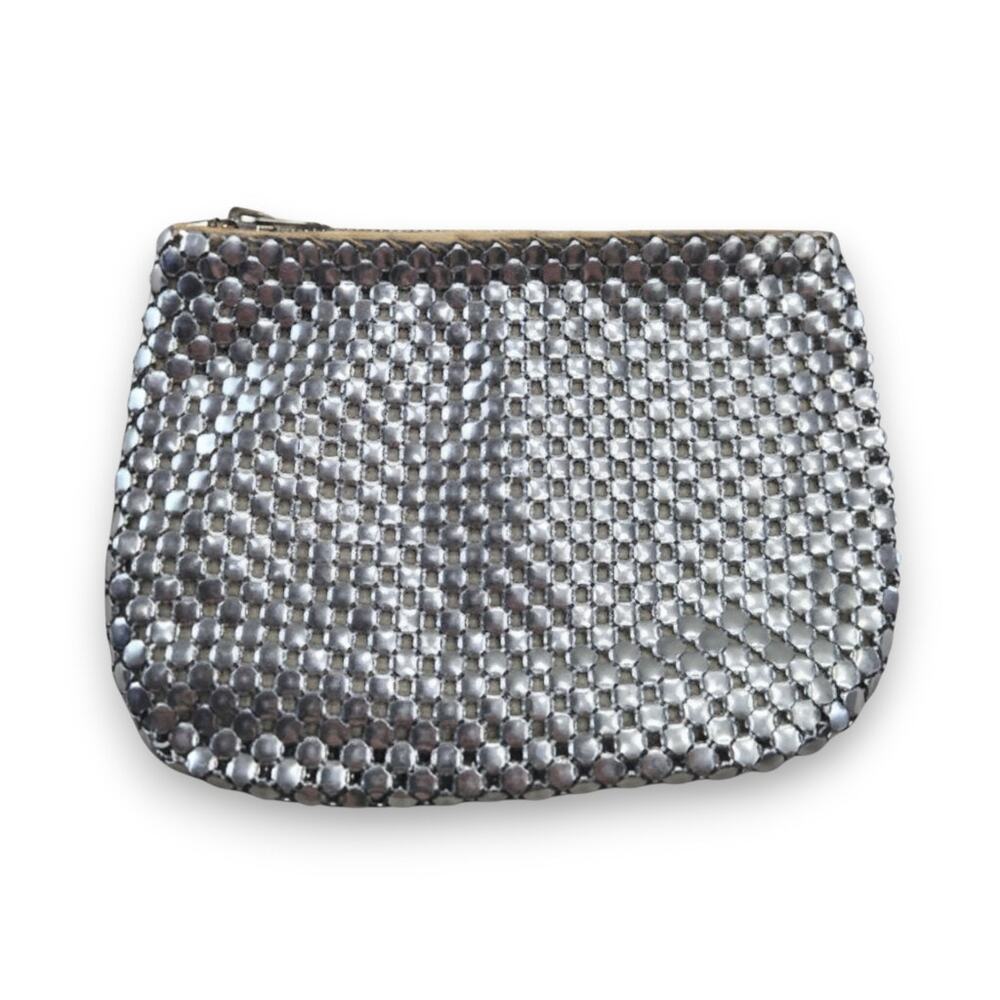 Vintage 60s Silver Metal Mesh Coin Purse Zipper Pouch Disco Clutch Cosmetic Bag